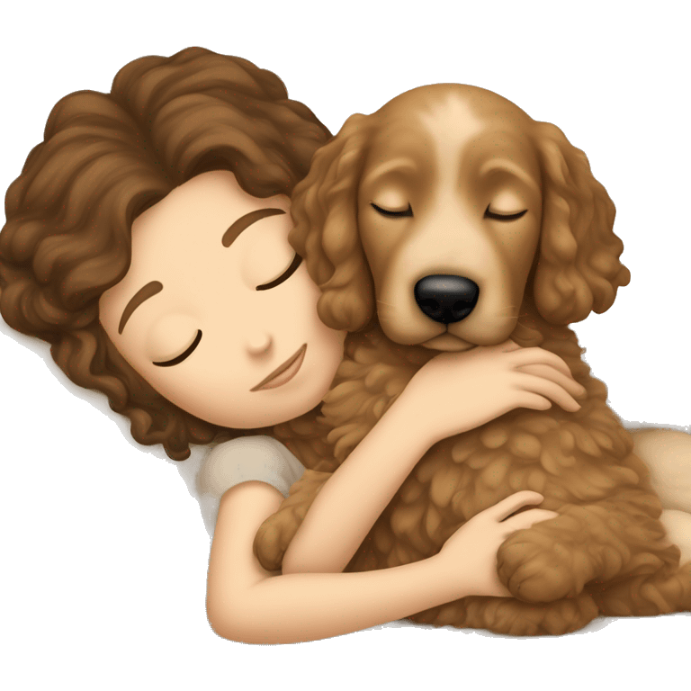 White girl brown hair sleeping with golden doodle puppy  emoji