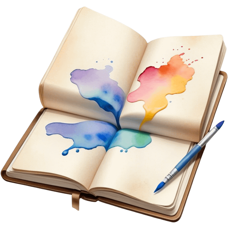 Cinematic Realistic image of an open sketchbook accompanied by a set of translucent watercolors, with delicate pigment stains and soft, flowing brushstrokes, captured under gentle, diffused lighting that highlights creative fluidity emoji