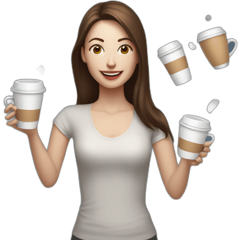 woman juggler with long straight brown hair and pale skin juggling three coffee cups and two miniature laptops in the air emoji