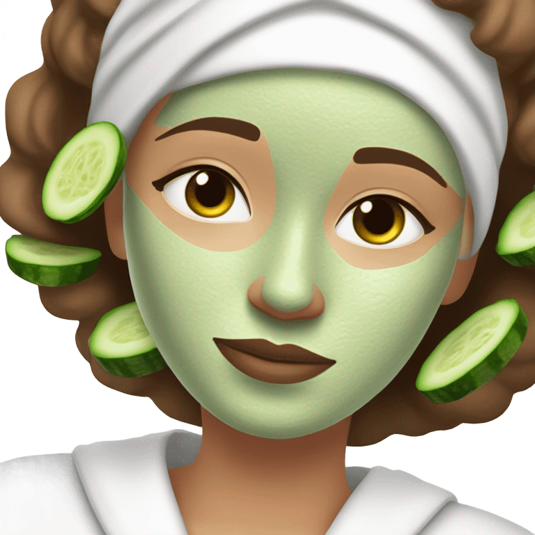 White girl with Brown hair and blue eyes wears a Green colored skincare clay textured mask and puts on cucumbers around her eyes while She relaxes in her white Robe emoji