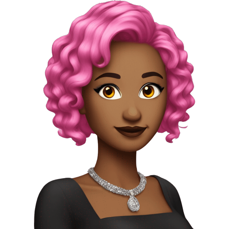 Create an emoji with a fierce and glamorous vibe: vibrant pink hair, dramatic makeup, bold eyelashes, and a confident smile. emoji