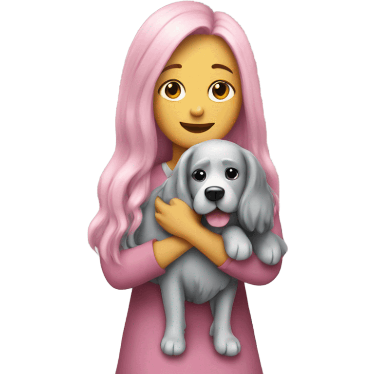 Pink long hair lady hugging grey dog emoji