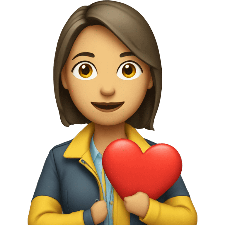 A female teacher in a yellow jacket holds a heart in her hands emoji