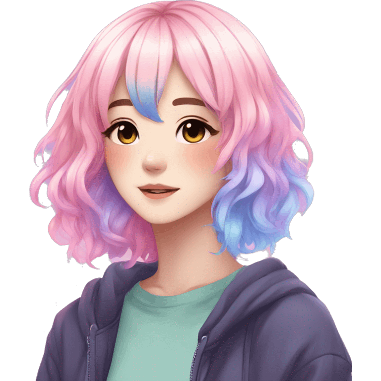 Gorgeous anime style femboy with blushing face aesthetic and pretty colorful shiny gradient pastel hair trending style emoji