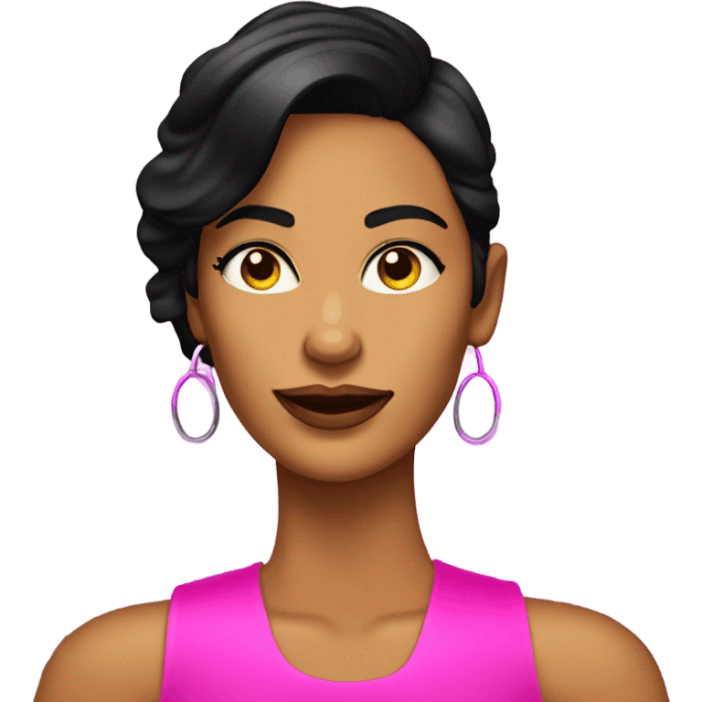 Tanned woman with black hair wearing 1980s style neon outfit and hair emoji