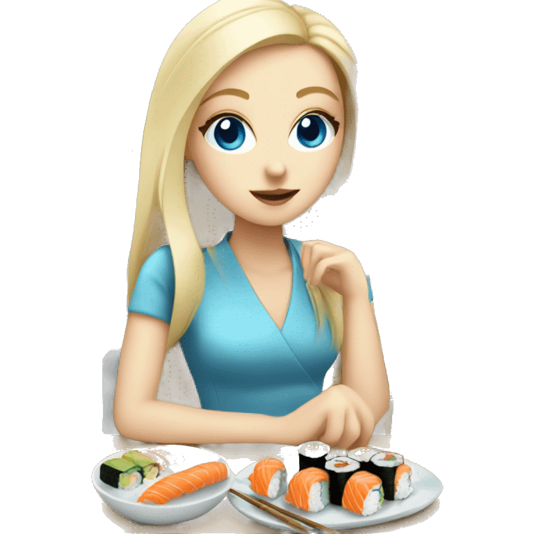 Blonde white girl with blue eyes eating sushi with friends emoji