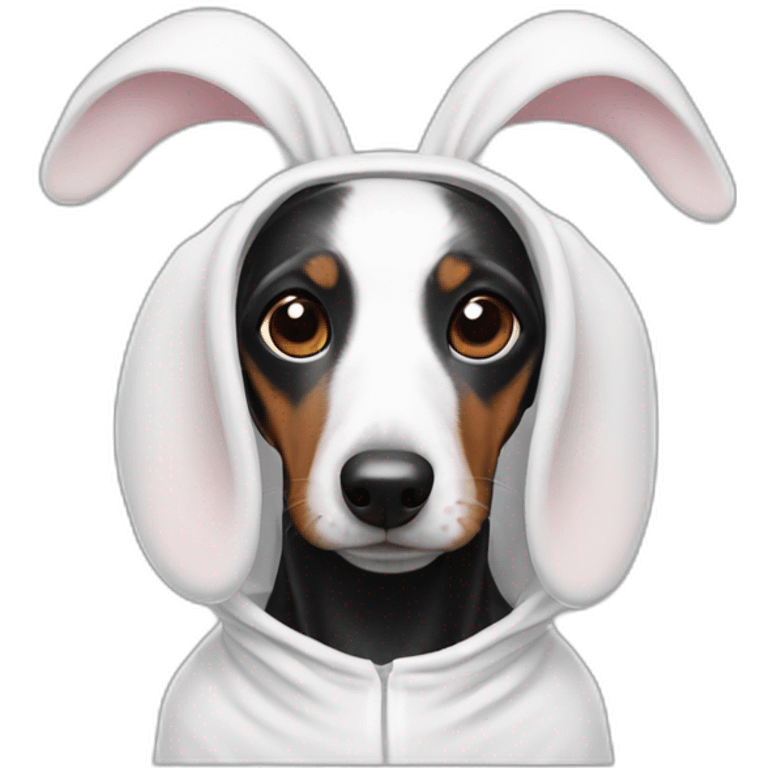 a black dachshund dog in a white bunny costume with bunny ears on the hood emoji