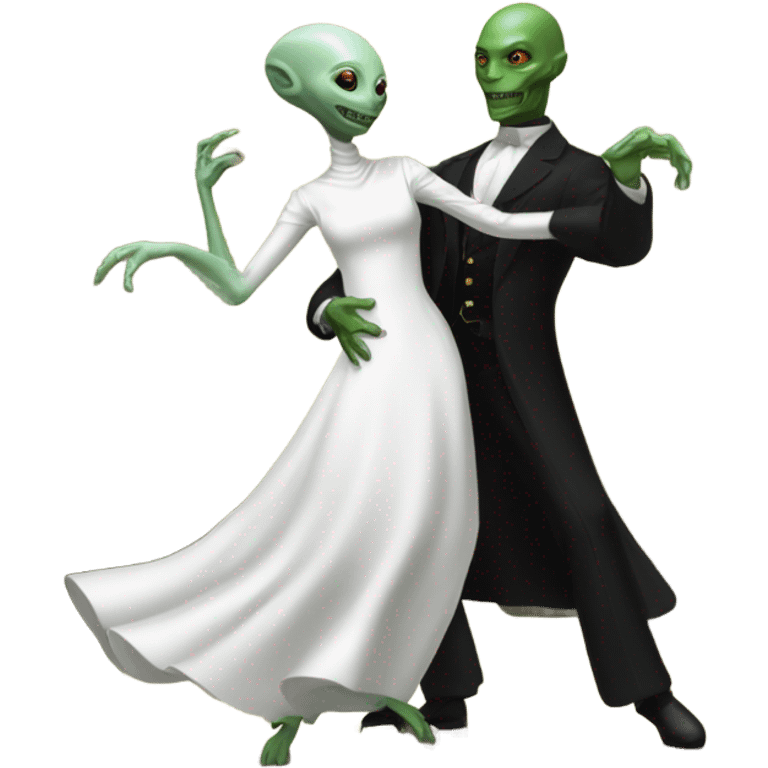  a Reptilian alien woman, in white dress, dance with a human man in frack emoji