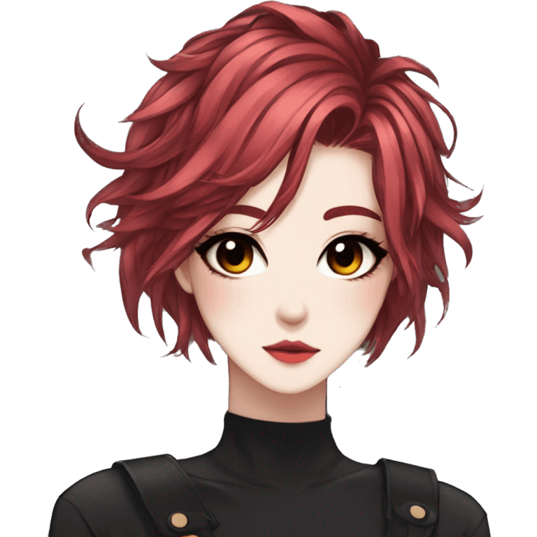 Gorgeous anime style lady with blushing face aesthetic and pretty edgy black red punk hair with hair garment trending style emoji