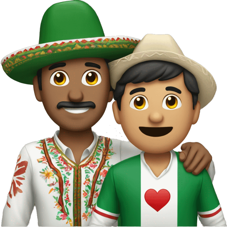 mexican man wearing a Sombrero and pakistani man wearing a pakistan shirt hugging emoji