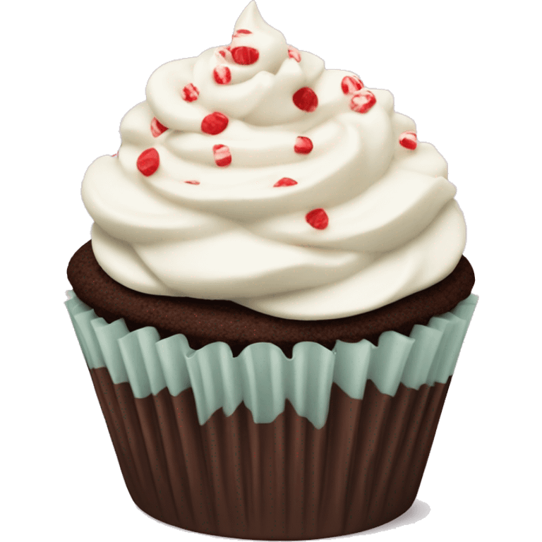 Chocolate cupcake with vanilla frosting and crushed peppermint emoji