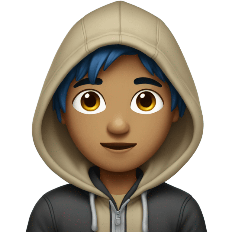 Tan boy with hoodie and black hair and blue highlights  emoji