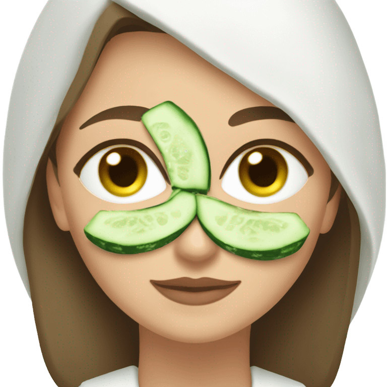 White girl with Brown hair and blue eyes wears a Green colored clay mask and puts on cucumbers around her eyes while She relaxes in her white Robe emoji