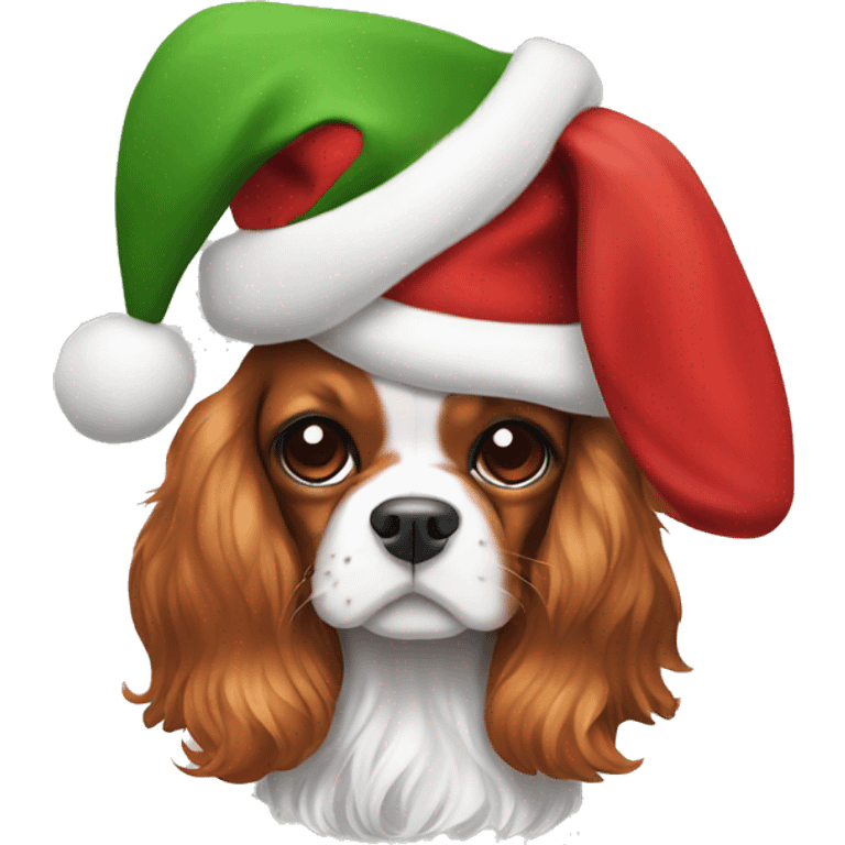 Cavalier King Charles spaniel wearing Christmas hat emoji