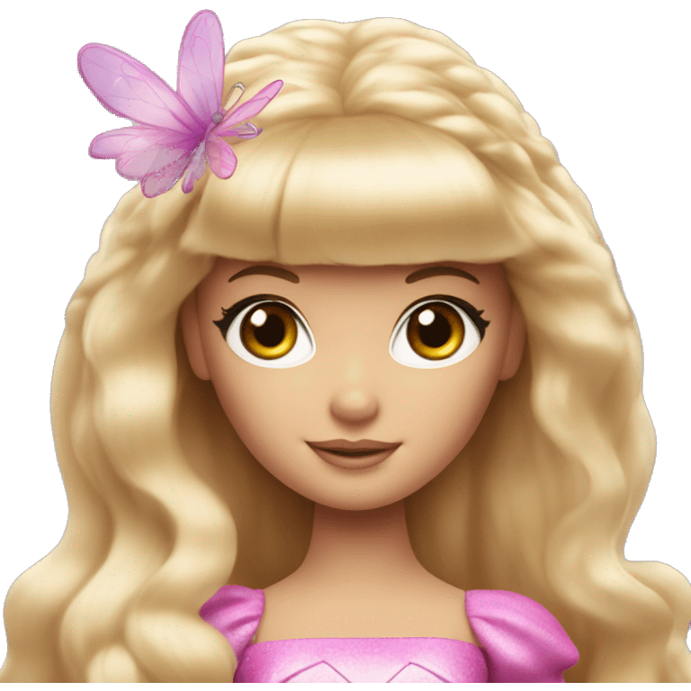 Blonde Barbie with full bangs and long hair and hazel eyes dressed as a fairy emoji