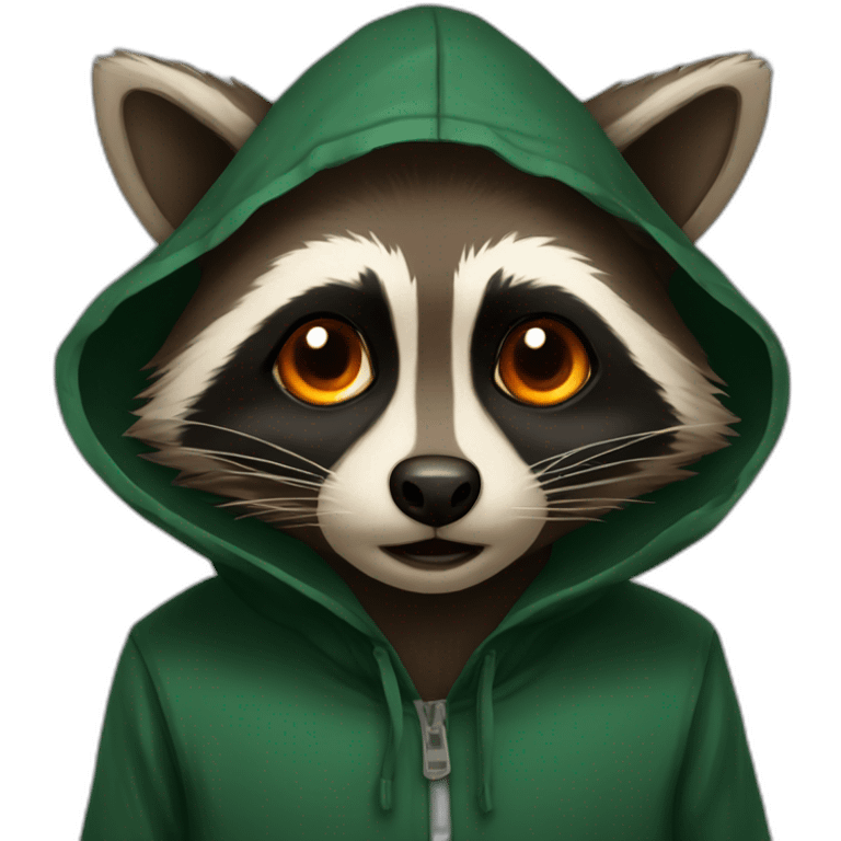 brown raccoon with orange eyes and a dark green hood that is crying emoji