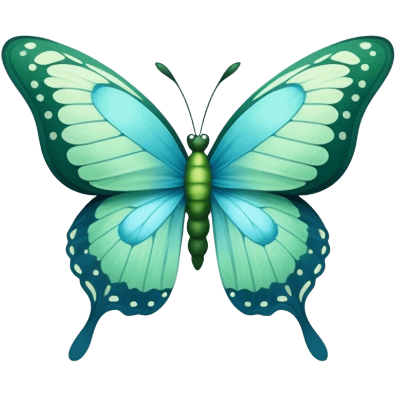 A delicate butterfly with deep green and pastel blue wings resting on a soft green satin ribbon. emoji