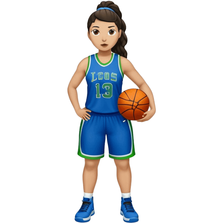 full body plus size light skin latino women basketball player with wavy dark hair in pony tail wide nose wearing blue uniform with green accent emoji