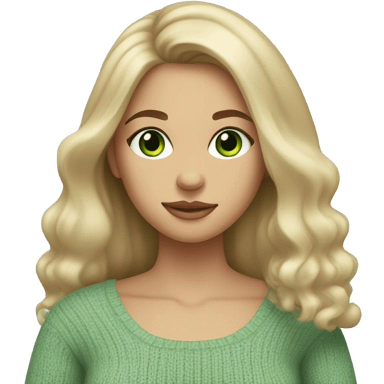 blonde girl with green eyes, smooth skin, sweater, long blow out hair, baddie, middle part emoji