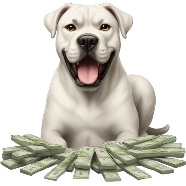 A white Cane Corso smiling with money in its mouth. emoji