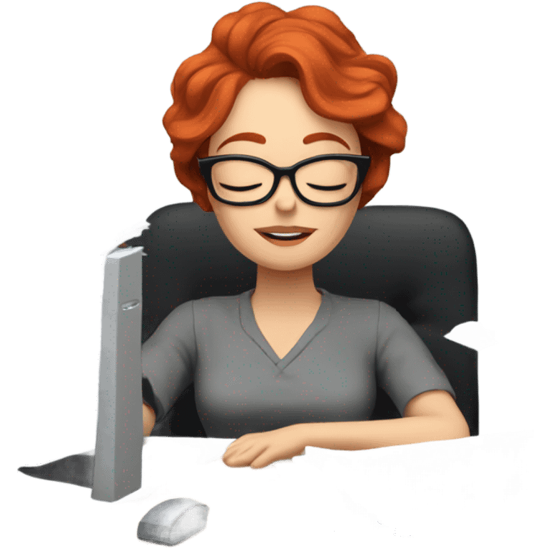 red hair woman nutritionist wearing glasses sleeping desk monitor stack paper emoji