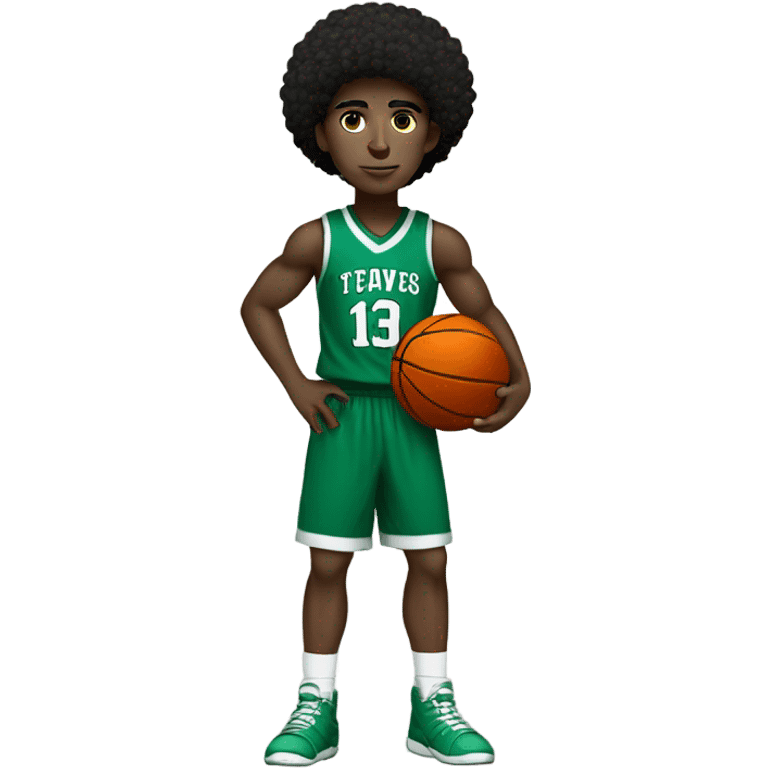 Muscular black Afro light-skinned skinned male teenager in a green basketball uniform holding a basketball.  emoji