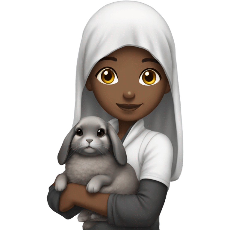 Black Muslim girl holding her cute gray holland lop emoji