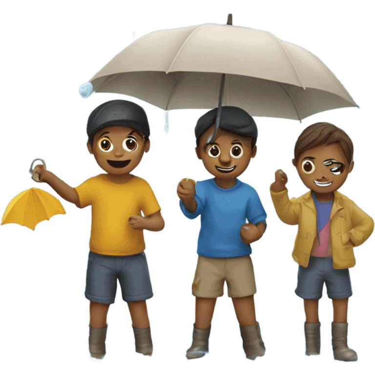 3 kids with a umbrella playing with a paper ship in the rain emoji