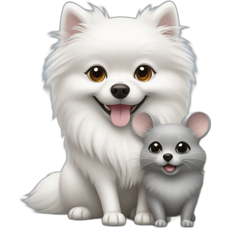 white pomeranian and gray mouse hug emoji