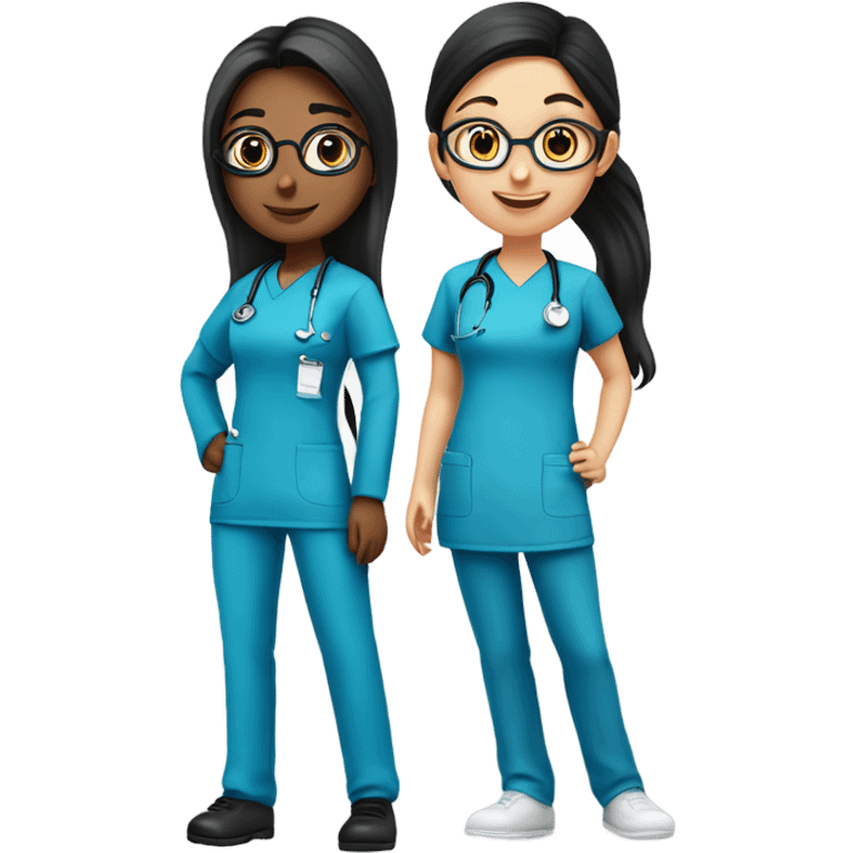 Two Best friend nurses in blue scrubs. one girl has glasses with black hair in a pony tail. The other girl has long hair but no glasses emoji