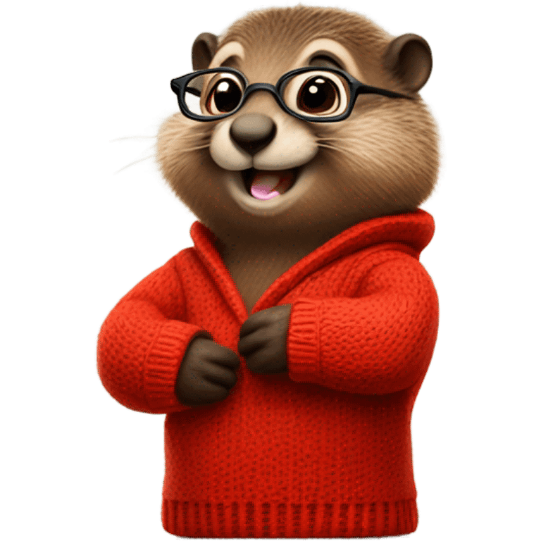 winking cute groundhog in a fully red sweater and glasses full body shown emoji