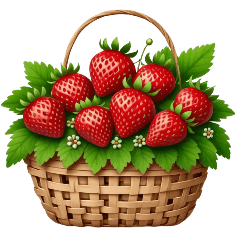 Cinematic ripe strawberrie, deep red, glossy with tiny seeds, green leaves still attached, gathered in a rustic basket, warm glowing background, fresh and sweet. emoji