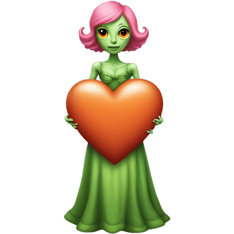 a green alien woman in Victorian orange dress, pink hair,holdig, red big hearth, full body emoji