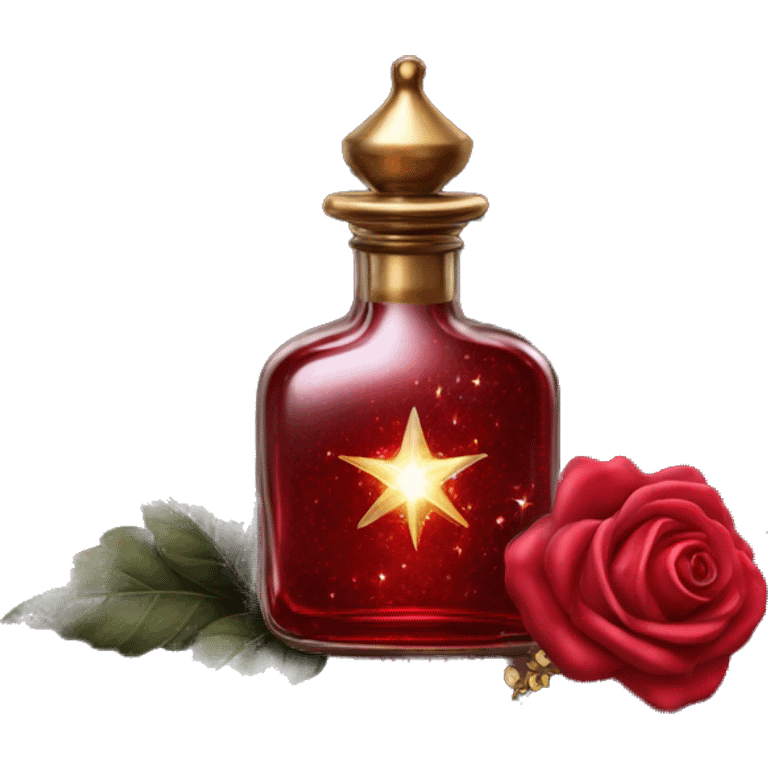 Dark red magic fairy sparkling old Antique oil perfume bottle with herbal and rose flowers emoji