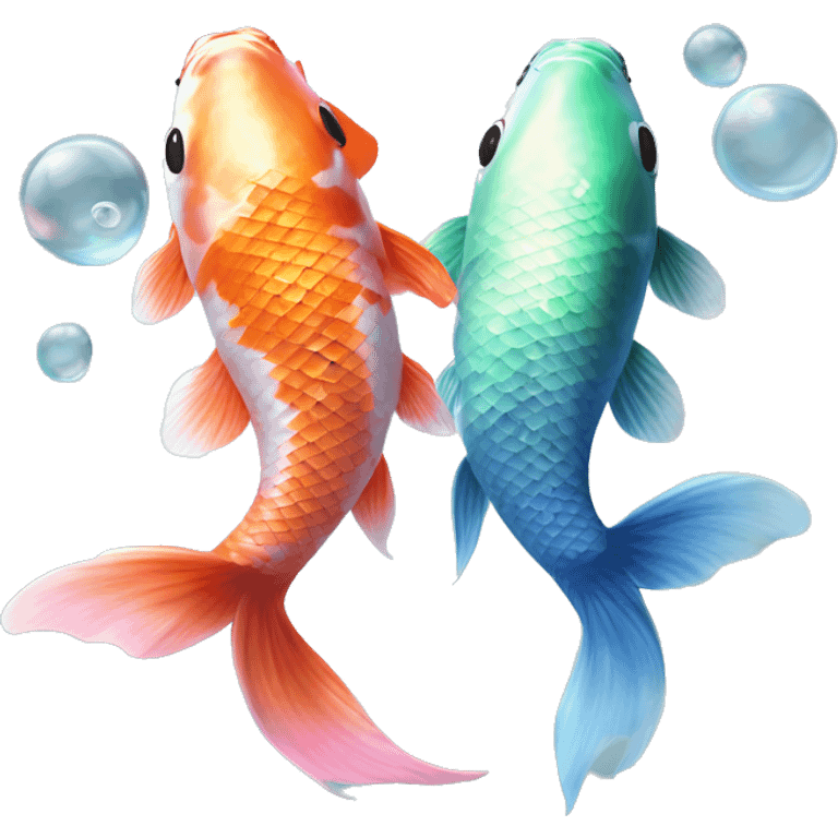  Two realistic koi fish, one green & blue, the other pink & white, swimming in opposite directions, ying yang, Pisces fish, cloudy, water, dreamy, bubbles, iridescent emoji