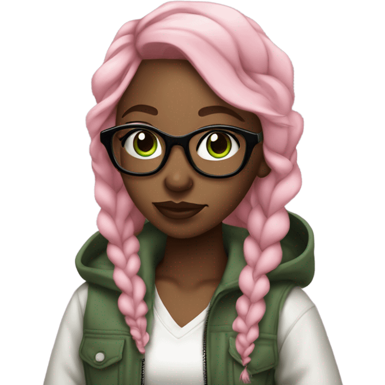 nice looking black girl hip hop rapper, autistic, glasses, light pink hair, green eyes emoji