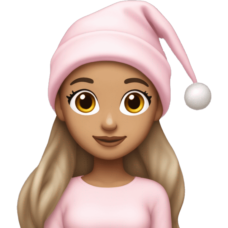 Ariana grande in a light pink christmas outfit wearing a light pink christmas hat emoji