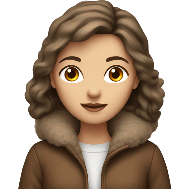 A woman with grey eyes and brown hair wearing a fluffy cozy brown jacket emoji