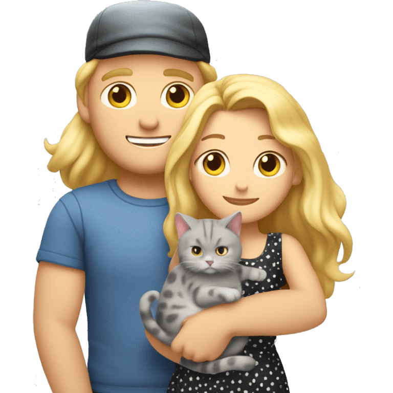 3 objects - a beautiful blonde with long hair and a polka-dotted dress, a bald handsome man in a cap and a rock T-shirt, and a fat gray cat with black spots. The man hugs the blonde and holds the cat in his hands emoji