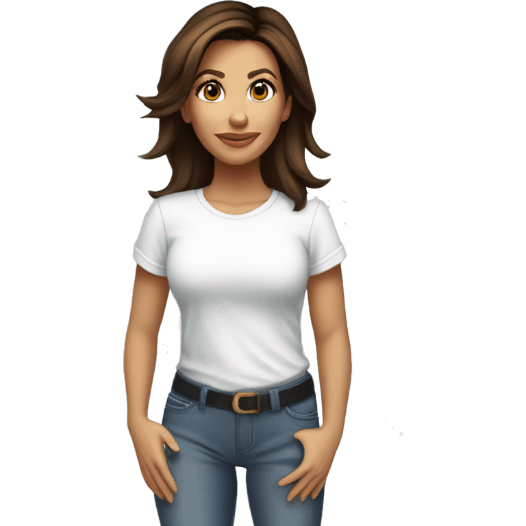 3/4 face, contrasted, shadow, light, Eva Longoria expression, standing from a distance, thin nose, brunette woman, hazel eyes, long eyelashes, dark shoulder shaded hair, white t-shirt, jeans, white sneakers emoji