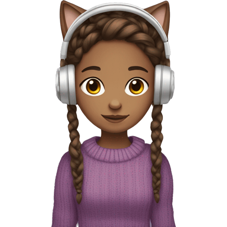 Brown hair girl, braids, brown eyes, violet sweater, headphones, clear glass, brown skin, and cat in hands emoji