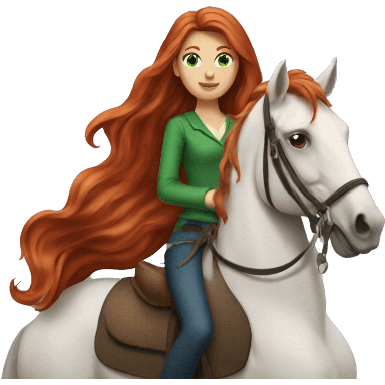 long-haired redhead woman with green eyes, on a horse back riding emoji