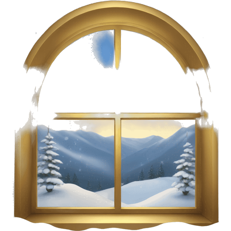 Window overlooking a snowy landscape with gold lights around the window frame emoji