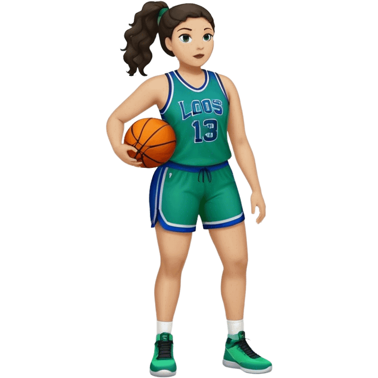 full body plus size light skin latino women basketball player with wavy dark hair in pony tail wide nose wearing blue with green uniform emoji