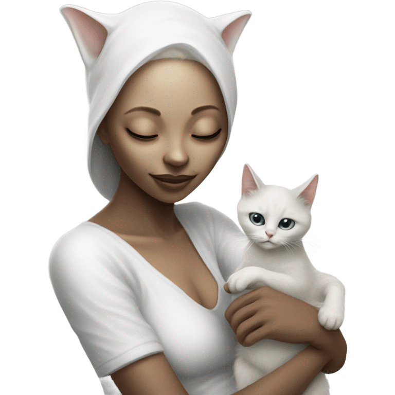 Photo realistic, alien female, kissing and embracing white cat, emoji