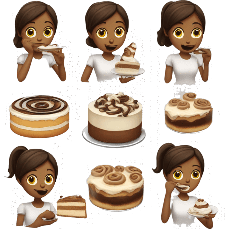 girl eating tiramisu, cheesecake and cinnamon rolls at the same time  emoji