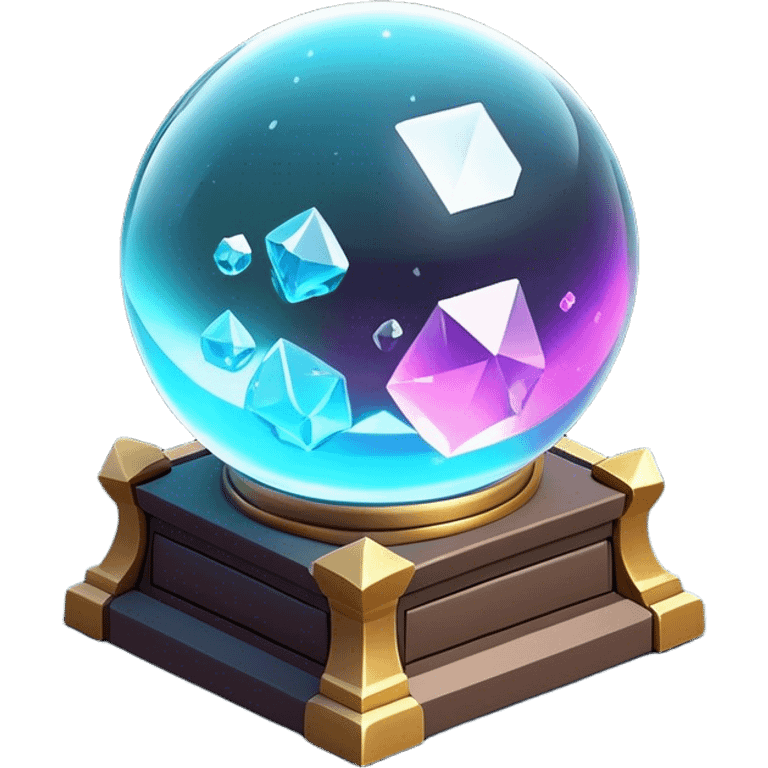 Clash of Clans aesthetic: Cinematic Playful 3D Isometric Crystal Ball Emoji, rendered in a 3D vector-style similar to standard emojis with minimal shading and bold, simplified shapes. A compact, distinct form with signature details, softly glowing with a fantasy RPG magic charm. Simplified yet unmistakably iconic, highly detailed and consistent, glowing with a soft radiance and high shine. Stylized with a touch of heroic grandeur and a soft glowing outline, capturing the essence of a beloved gaming relic with a friendly, playful manner! emoji