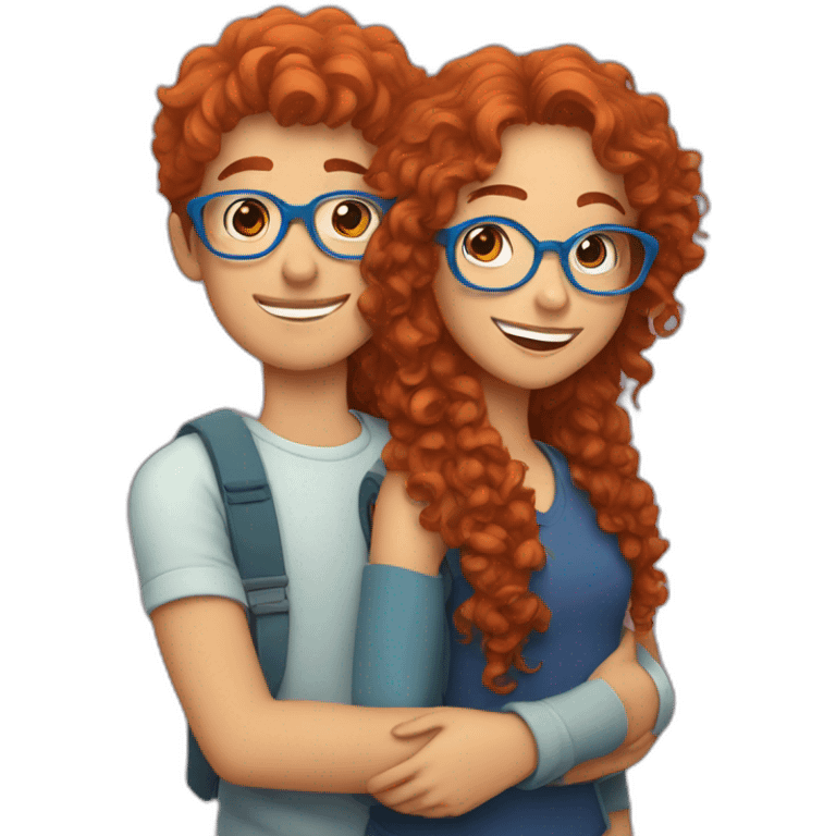 girl with curly red hair and blue glasses hugging a boy with brown hair emoji