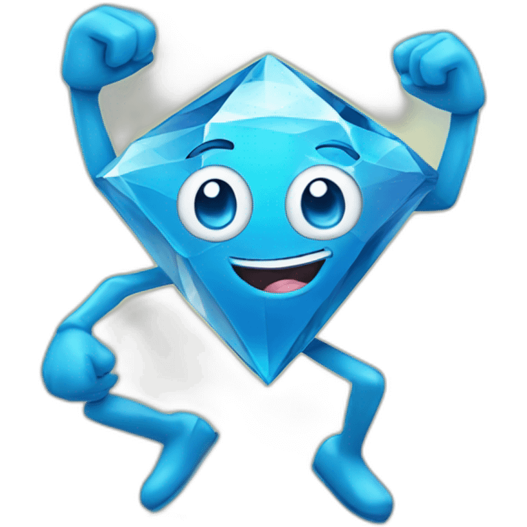 A blue diamond with a face, arms and legs doing something random and with a very happy face emoji