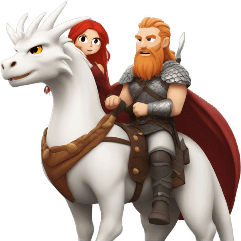  White Viking red head pale skin beautiful dragon  queen with a Viking solder with a gray man bun built white solder on a dragon  emoji